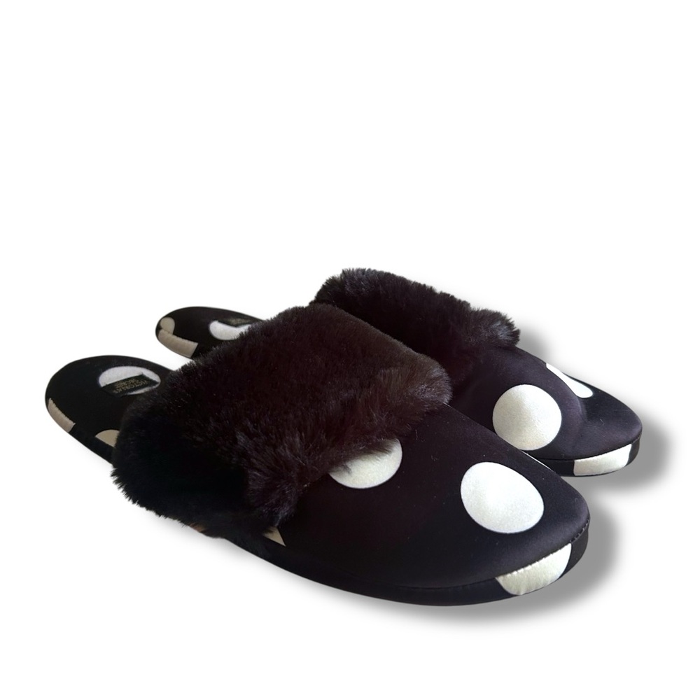 Like New Victoria’s Secret Black White Satin Polka Dot Slippers Size Medium
